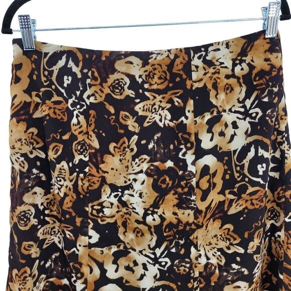 Vintage 90's Jones Wear Skirt Midi Trumpet Ruffle Abstract Burnt Floral Brown 8 - Picture 6 of 9